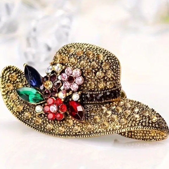 New Antique Gold Floral‎ Sunhat Brooch with Rhinestones – Elegant Hat Pin - Picture 1 of 8
